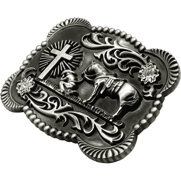 Women Flower Silver Religion Cross Kneeling Prayer And Horse Design Belt Buckles main image 4